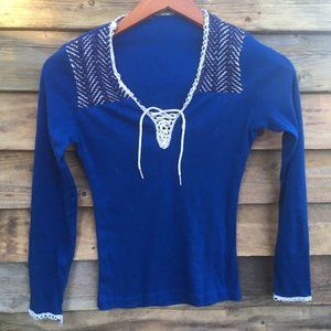 vintage 1970s blue lace up long sleeve